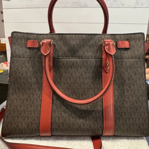 Michael Kors Nouveau Hamilton Large Logo Metallic Stripe Satchel & Dust Bag - Picture 6 of 16